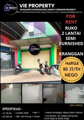 DISEWAKAN MURAH, RUKO SIAP HUNI, STRATEGIS DEPAN JALAN UMUM KRANGGAN