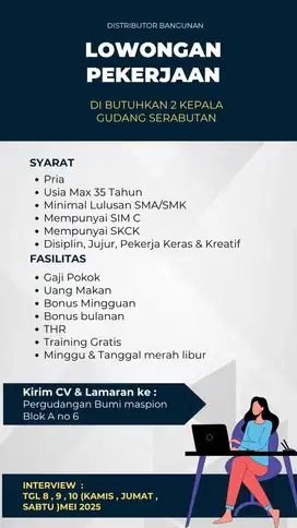 Di butuh kan 2 orang pegawai laki serabutan kepala gudang