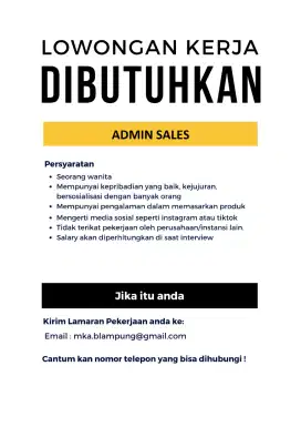 Dibutuhkan admin sales wanita