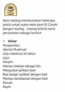 Dibutuhkan Karyawan Resto di Cihanjuang