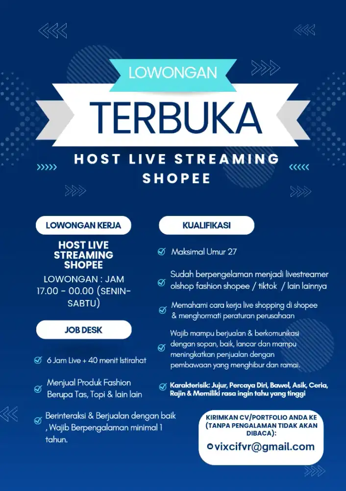 LOWONGAN KERJA HOST LIVE STREAMER SHOPEE / TIKTOK / HOST LIVE
