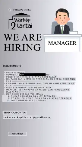 Dicari Manager, cook, kitchen help, waiter dan barista