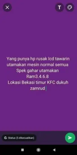 Kg nerima HP mati. 
Yg punya hp rusak lcd nya tawarin
Spek gahar masuk