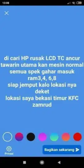 Kg nerima HP mati. 
Yg punya hp rusak lcd nya tawarin
Spek gahar masuk