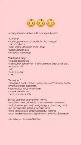Lowongan ART + Pengasuh Anak