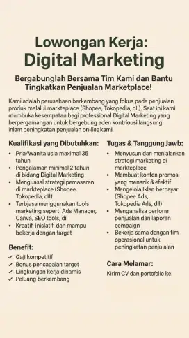 LOWONGAN KERJA DIGITAL MARKETING MARKETPLACE
