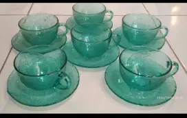 6 set cangkir dan lepek green ocean arcoroc france