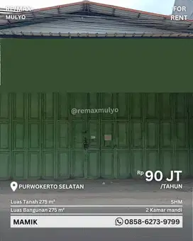 DISEWAKAN GUDANG SELUAS 275 M2 DI PURWOKERTO SELATAN