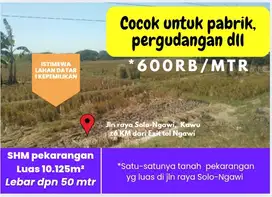 Tanah SHM non pertanian, nol jln raya Solo-Sby, cocok u/gudang/pabrik