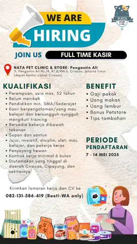 FULL TIME KASIR Penempatan Ciracas (Pengantin Ali)