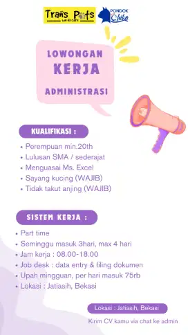 PART TIME : ADMIN & CATSITTER (2 POSISI)