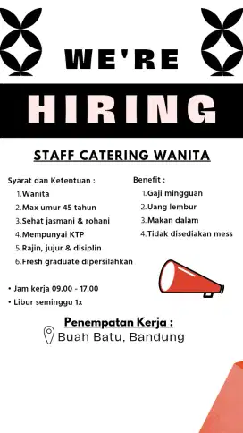 Lowongan Kerja Staff Catering Wanita Bandung (Buah Batu)