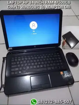 Laptop HP core i3 Ram 4/500gb 14 inch adaptor ori sambil colok, bekasi