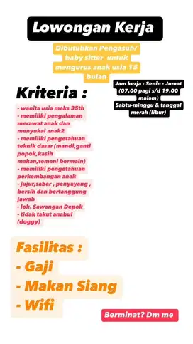 Lowongan kerja baby sitter/pengasuh anak