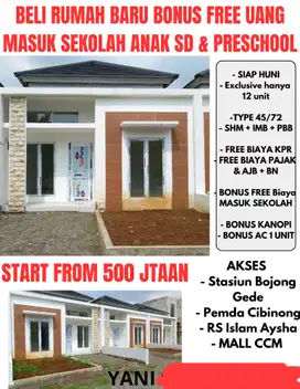 BELI RUMAH GRATIS BIAYA MASUK SEKOLAH ANAK LOKASI SUKAHATI CIBINONG