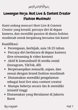 Dibutuhkan karyawati sholehah untuk content dan host live