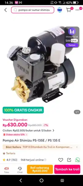 Pompa Air Shimizu PS 135E Otomatis garansi resmi Shimizu