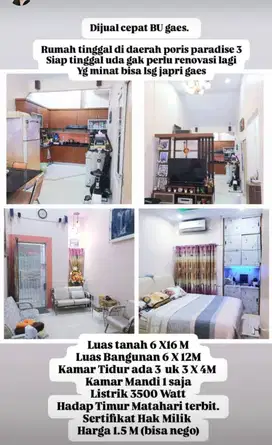Dijual  Cepat rumah poris paradise ukuran 6x16  ,Tangerang