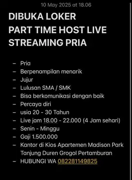 DIBUKA LOKER PART TIME HOST LIVE STREAMING