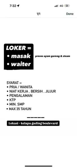 LOKER Waiter dan masak cook KELAPA GADING