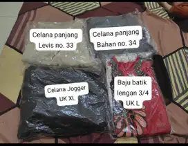 3 celana panjang dan 1 baju batik lengan 3/4