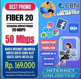 Promo Wifi Speed 50Mbps (Unlimited) murah dari Cbn Fiber