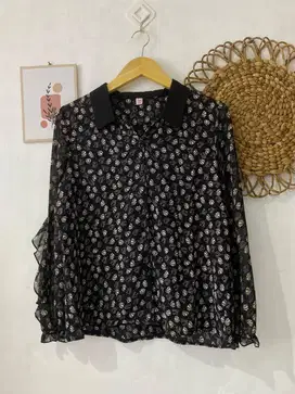 Blouse Wanita Motif Daun Hitam Elegan - Lengan Panjang