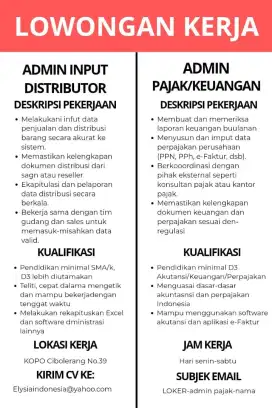 Loker Admin penjualan. Admin pajak . dan Tenaga packing