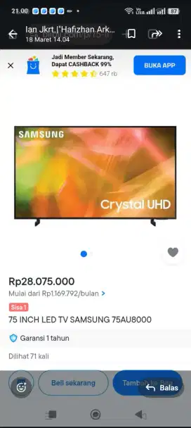Jl LED Samsung 75in Smart Digital 4k UHD AU 8000 original MLS