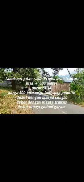 tanah jalan raya poros prigen-trawas luas 600 mter SHM