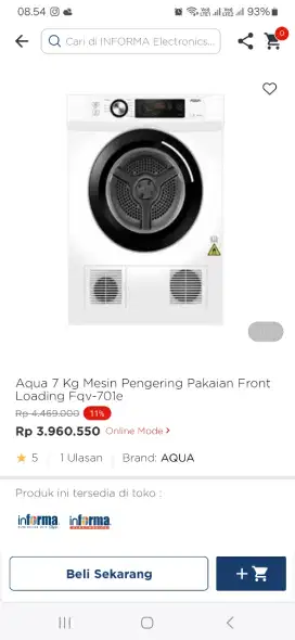 Aqua 7 kg mesin pengering pakaian front loading