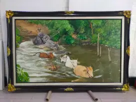 Lukisan kanvas pemandangan sapi dan kerbau nyebrang sungai