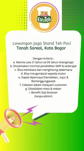 Lowongan Cashier Sambal Bakar Abah dan Stander Teh Poci