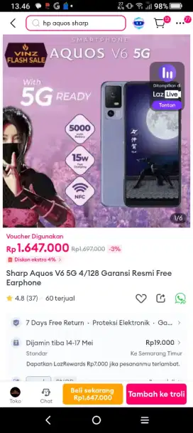 HP SHARP AQUOS V6 5G  4GB/128GB. GARANSI RESMI SHARP