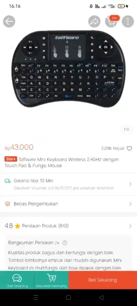 Taffware Mini Keyboard Wireless 2.4GHZ dengan Touch Pad & Fungsi Mouse