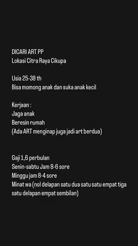 Dicari ART PP lokasi CITRA CIKUPA