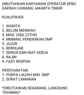 DIBUTUHKAN WANITA UNTUK OPERATOR SPBU.