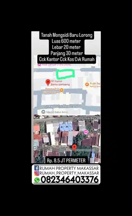 Tanah Mongsidi Baru Lorong Luas 600 meter  Lebar 20 meter  Panjang 30