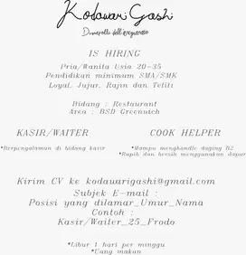 Dicari kasir / waiter dan cook helper