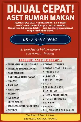 Dijual Cepat Aset Lengkap Rumah Makan Aktif di Malang