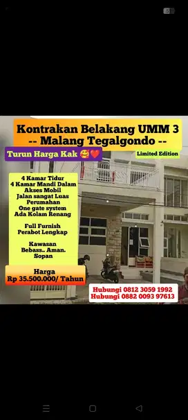 Sewa 4 kamar jl tegalgondo belakang UMM UIN