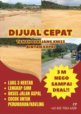 DIJUAL CEPAT TANAH COCOK UNTUK PERUMAHAN/KAVLING