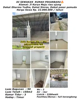 Rumah sewa area riau ujung dekat sekolah dharma yudha, d loka, pasar