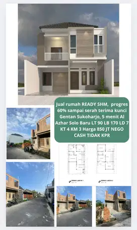 JUAL RUMAH GENTAN SUKOHARJO DUA LANTAI LUAS TANAH 90 HARGA 850 JT NEGO