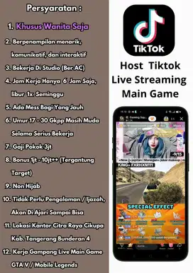 (Loker) Lowongan Kerja Host Live Tiktok Main Game