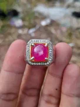 Cincin Pria Batu Merah Ruby Keliling Berlian Ring Perak Palladium