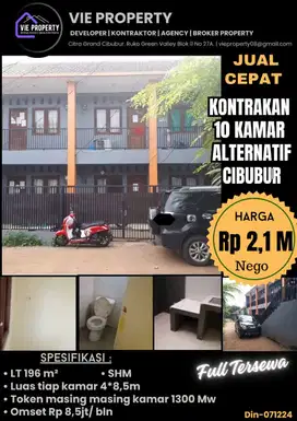 Di Jual Cepat Rumah Kontrakan 10 Kamar. Alternatif Cibubur.