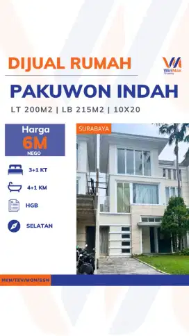Dijual Rumah Pakuwon Indah Surabaya, LT 200m², Hadap Selatan, 6 M Nego