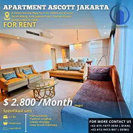 For Rent, Apartment Ascott Jakarta,3 Br, Furnished, Fasilitas Lengkap
