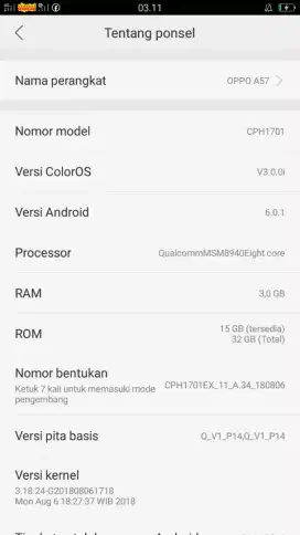 Hp oppo a57 ram 3/32 hp normal semua